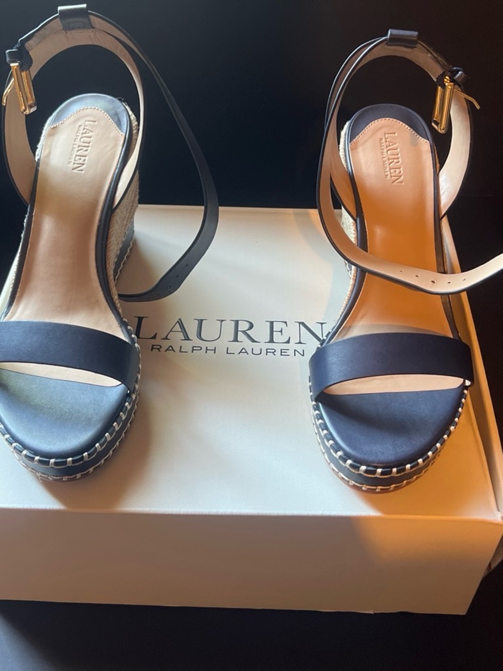Lauren Ralph Lauren Navy Leather Espadrille Wedge Sandals with Ankle Strap